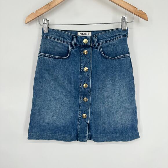 FRAME Denim Claire Mini Skirt Gold Button High Rise A-Line Medium Wash Blue - Picture 4 of 16